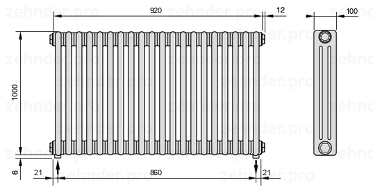 Схема (чертеж) Радиатор Zehnder Charleston 3100/20 №5310 Белый глянцевый RAL 9016